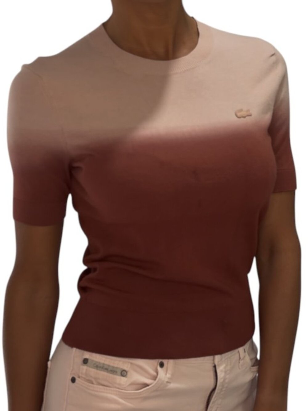 Lacoste Pink Burgundy Ombre Knit Top Short Sleeve Viscose Size 2 FR 34